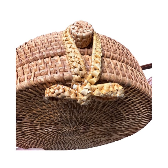Womens Round Woven Straw Rattan Crossbody Bag Tan Leather Strap Floral Lined - Picture 12 of 16